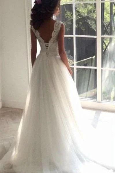 Lace A-line Simple Sleeveless Sash Open-Back Wedding Dresses (ZD16610)