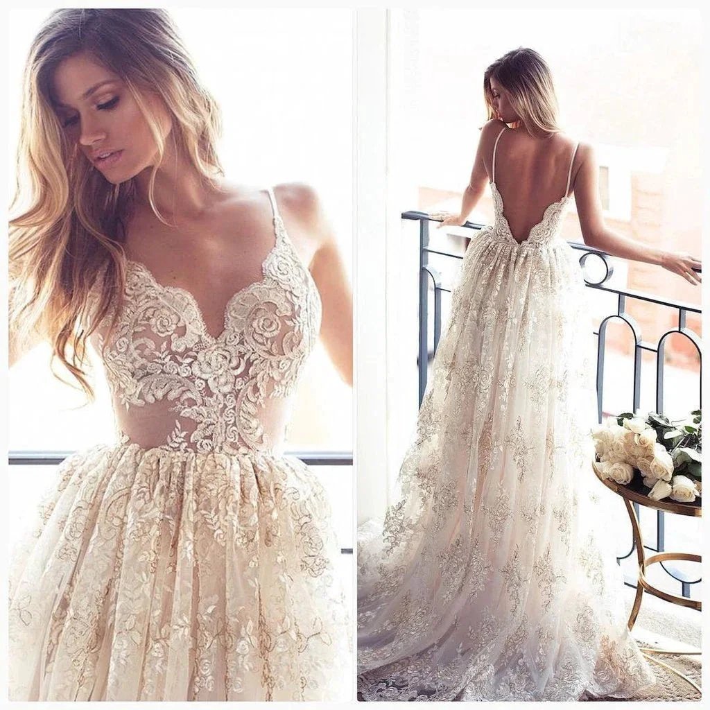 Lace Appliques Elegant V-Neck Prom Dress Tiered Backless Sleeveless Evening Dress (ZD14698)