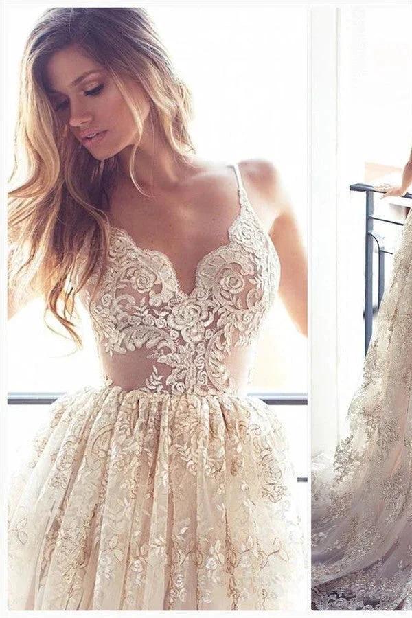 Lace Appliques Elegant V-Neck Prom Dress Tiered Backless Sleeveless Evening Dress (ZD14698)