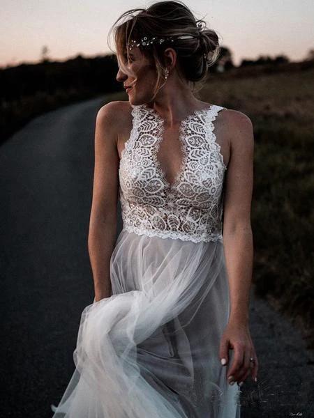 Lace Bodice Tulle Skirt Backless Bridal Gown Minimalist Wedding Dresses (ZD15319)