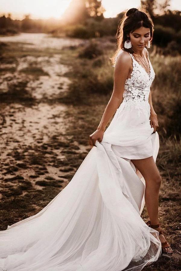 Lace Bodice V Neck Bridal Dresses Ivory Backless A Line Wedding Dresses (ZD16007)