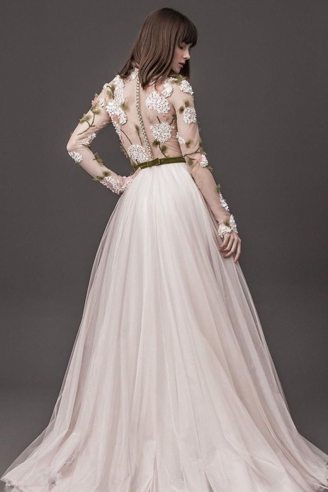 Lace Long Sleeves Floral A-Line Wedding Dresses Pleated Tulle Bridal Gowns Online