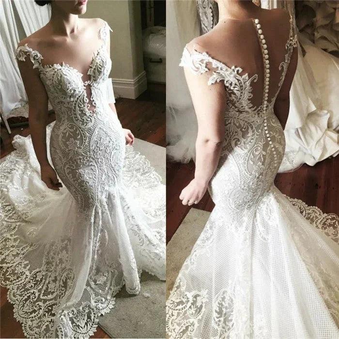 Lace Mermaid Wedding Dress Glamorous Sheer Tulle Bridal Wears with Buttons (ZD16601)
