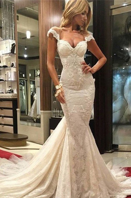 Lace Sleeveless Sweep Train Mermaid V-Neck Wedding Dresses
