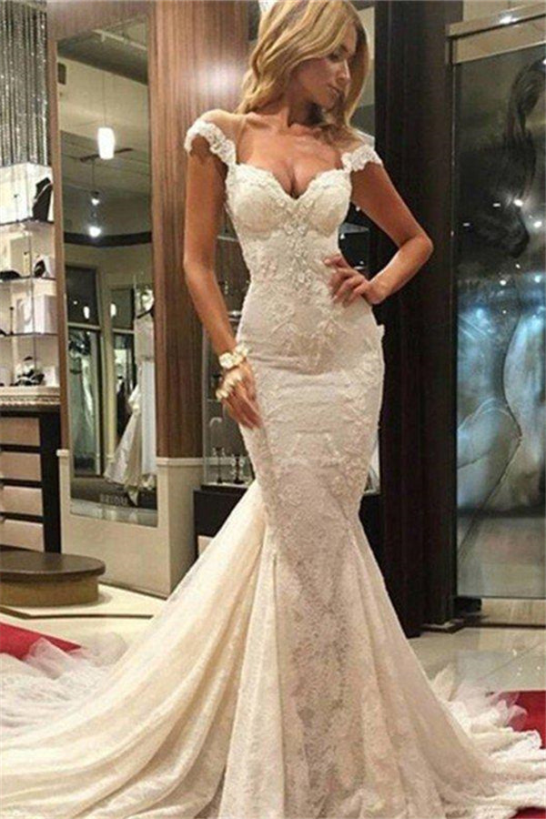 Lace Sleeveless Sweep Train Mermaid V-Neck Wedding Dresses