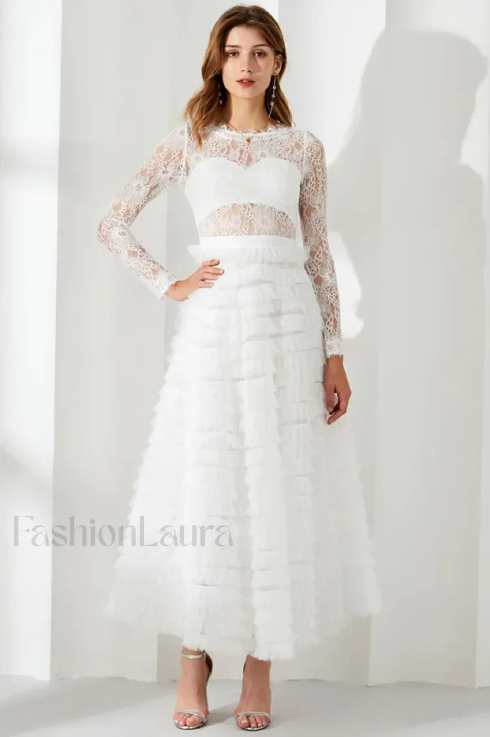 Lace Tiered Ruffle Charming Tulle Maxi Dress