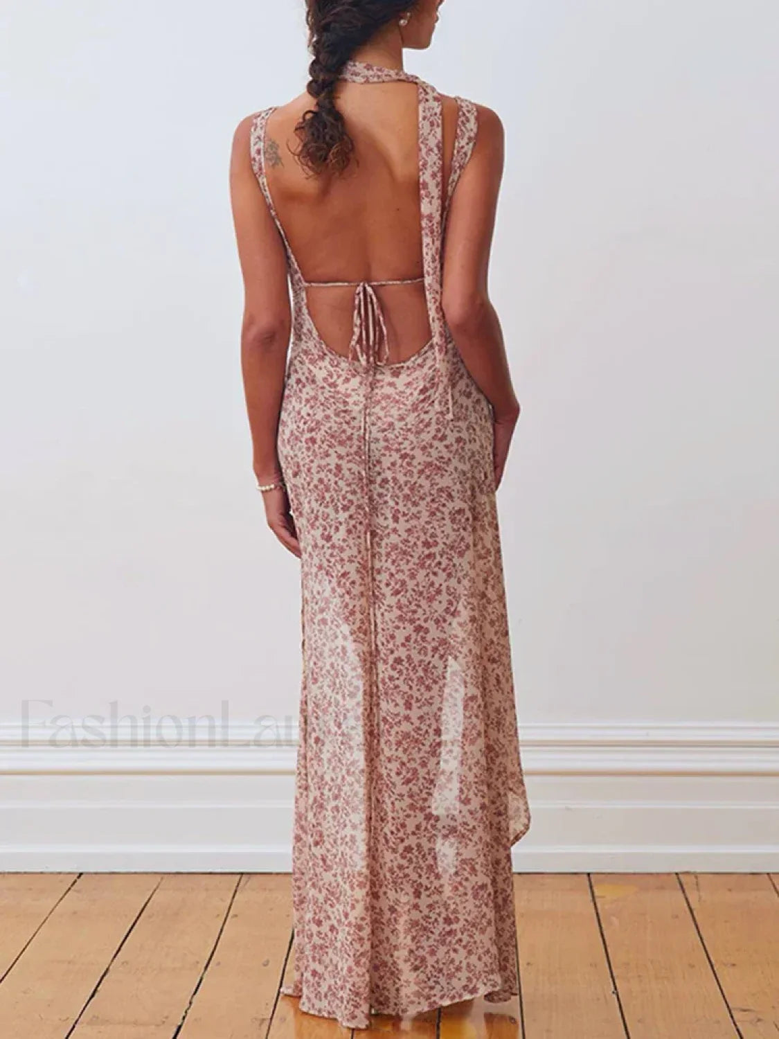 Lace-Up Side Slit Floral Dress