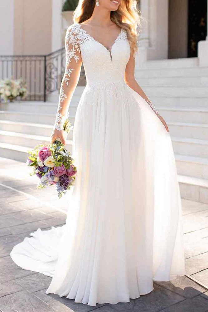 Lace Wedding Dresses Chiffon Chic V-Neck A-Line Long Sleeve Lace Applique Beach Wedding Bridal Dress With Train Free Customization