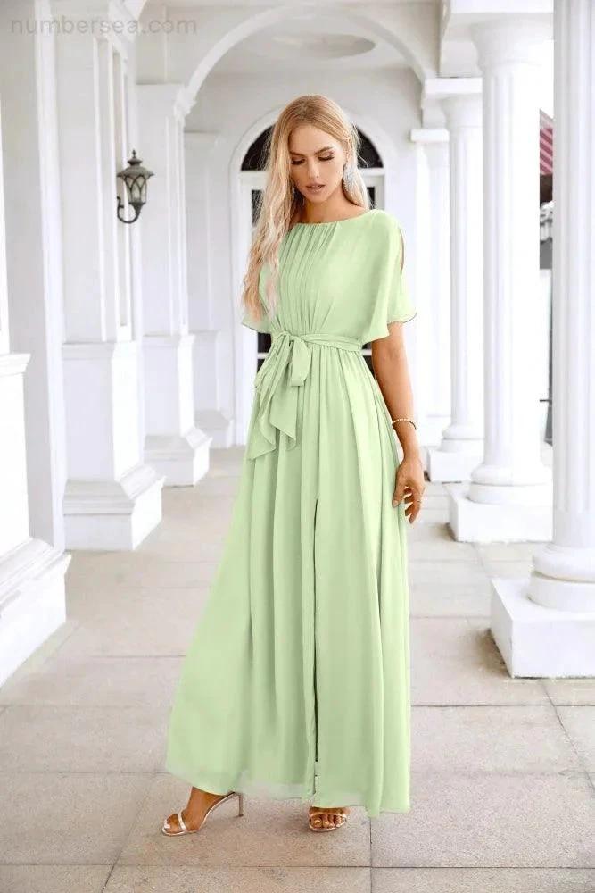 Ladies Chiffon Sleeve Crew Neck Front Slit Floor Length Bridesmaid Evening Dress Wedding Party Evening Dress 28124 (ZD17007)