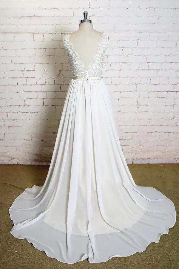 Latest Long A-line V-neck Lace Chiffon Wedding Dress (ZD14409)