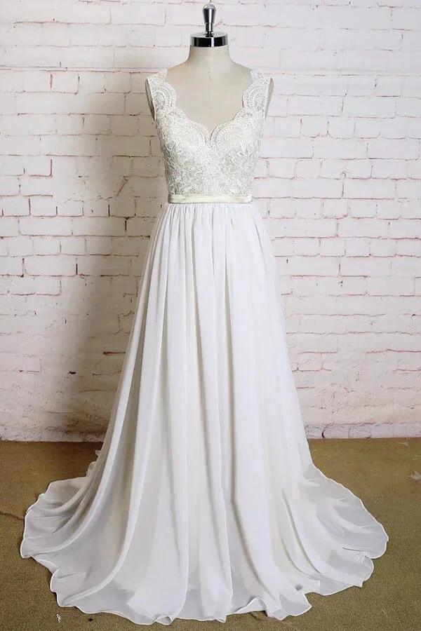 Latest Long A-line V-neck Lace Chiffon Wedding Dress (ZD14409)