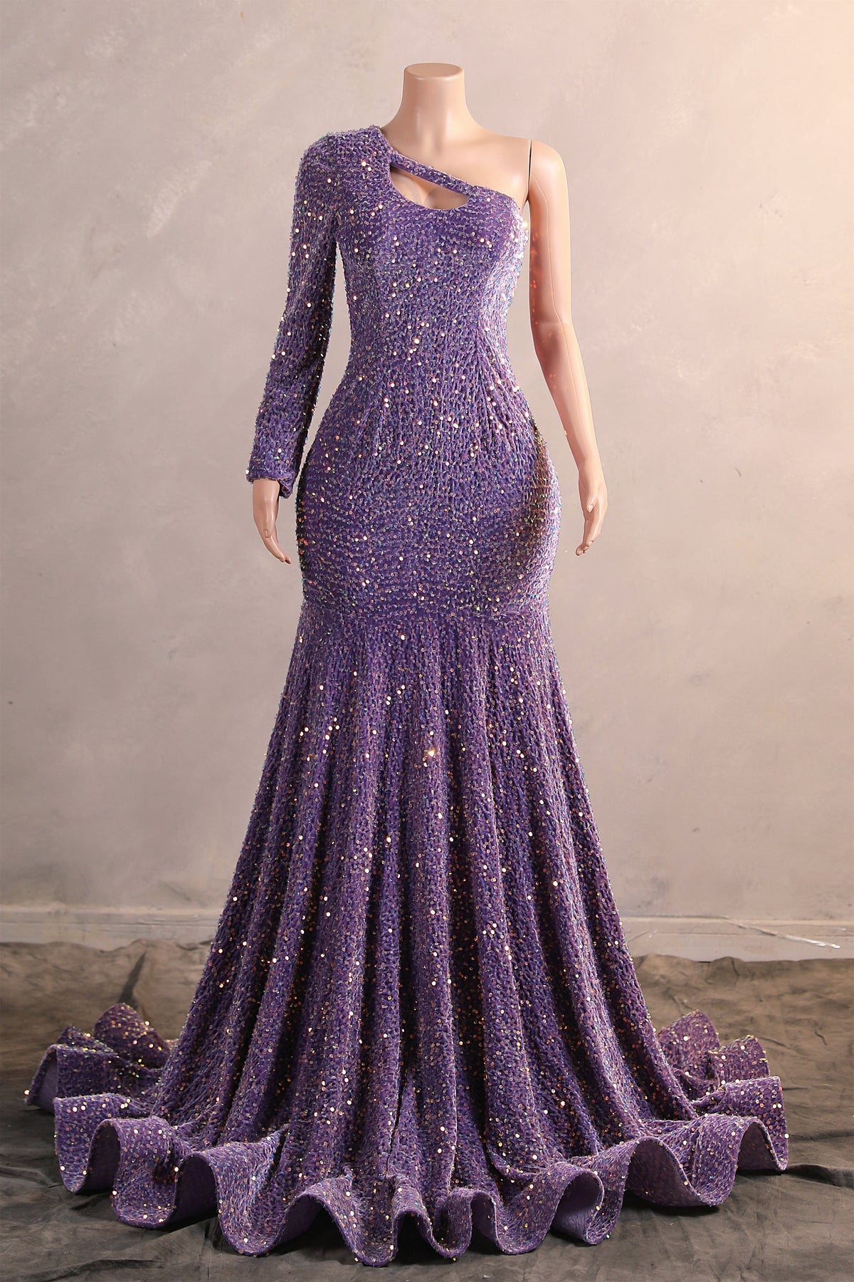 Lavender Purple One-Shoulder Long sleeves Keyhole sequin Prom Dresses