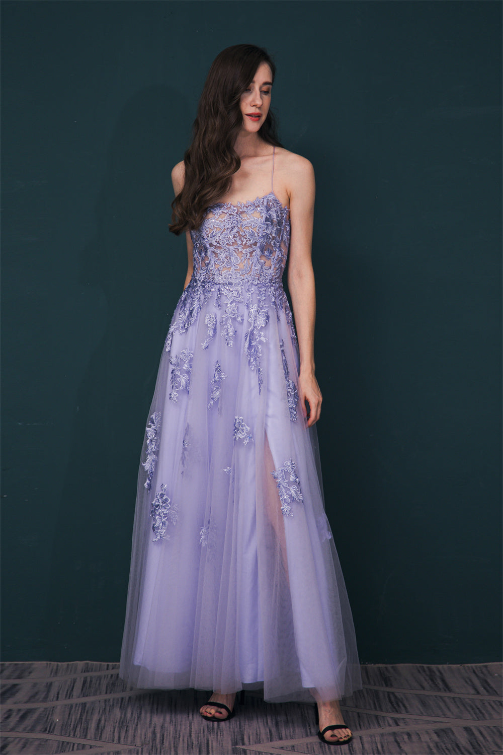 Lavender Spaghetti Strap Lace Appliques High split Prom Dress