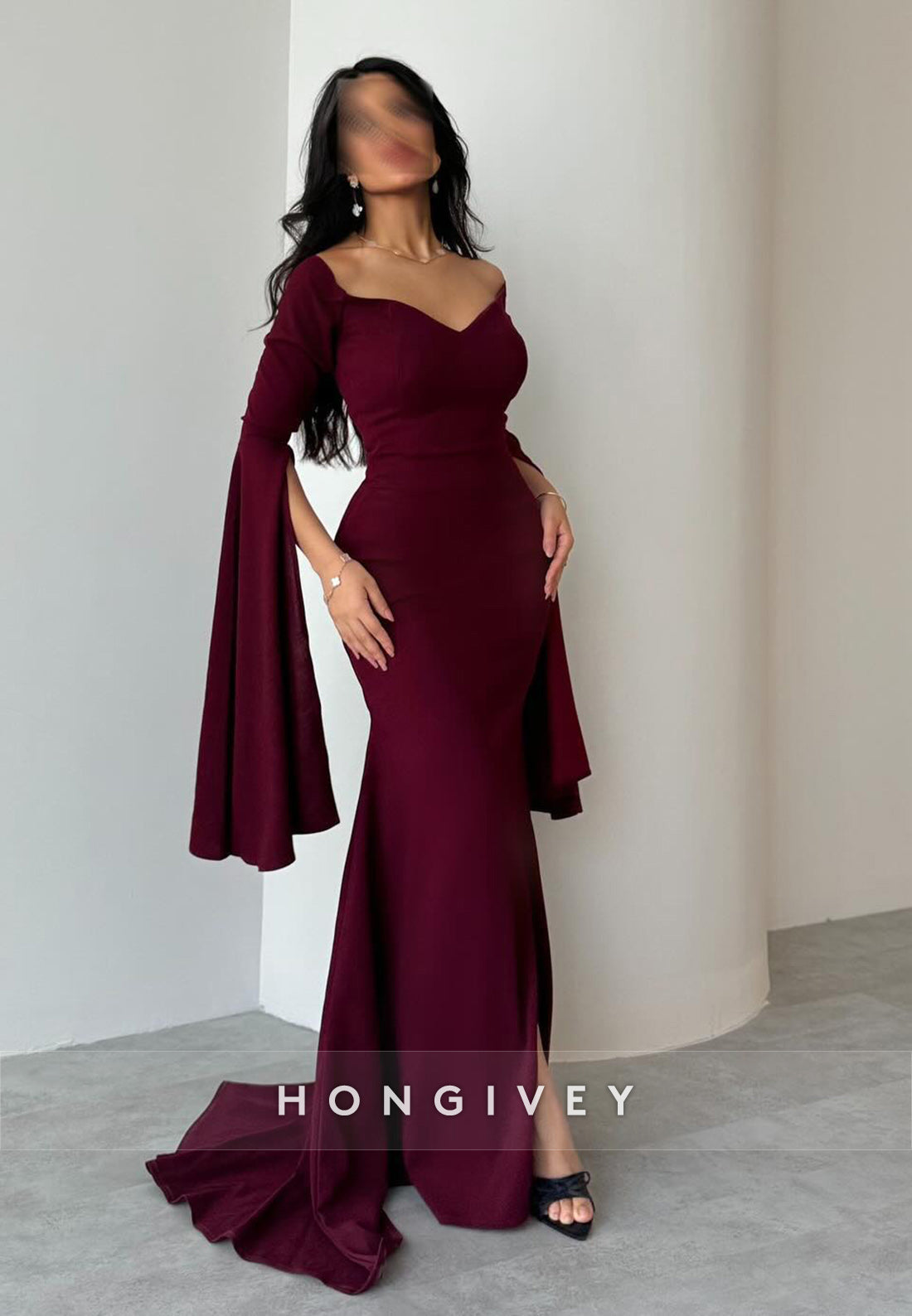 Trumpet Court Train Sweetheart Satin Half Sleeve Pleated Split Evening Gown