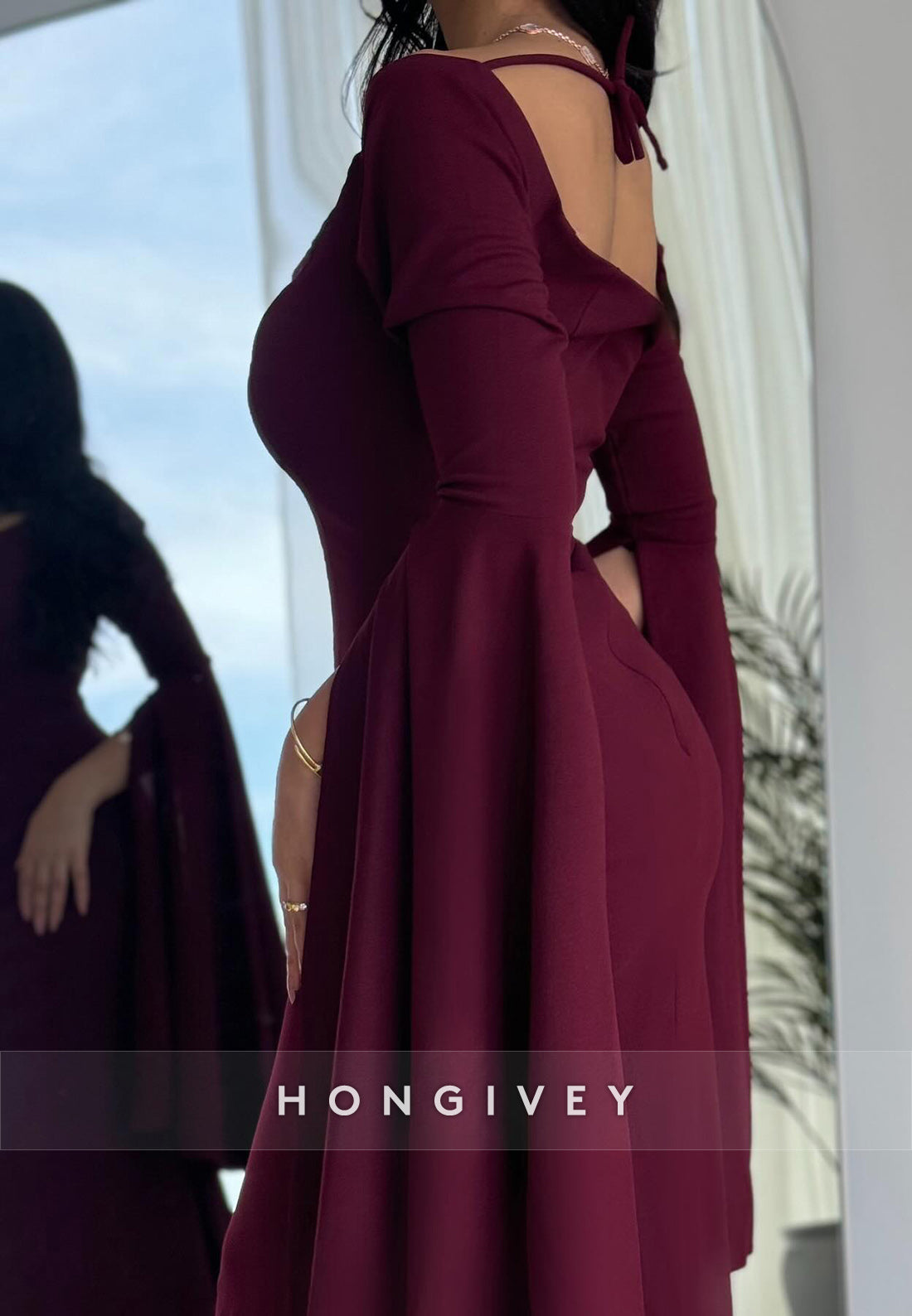 Trumpet Court Train Sweetheart Satin Half Sleeve Pleated Split Evening Gown