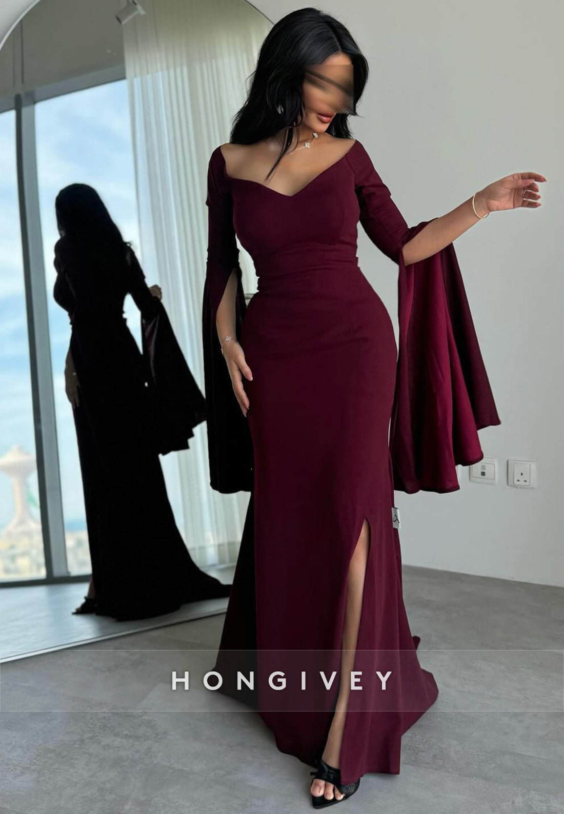 Trumpet Court Train Sweetheart Satin Half Sleeve Pleated Split Evening Gown