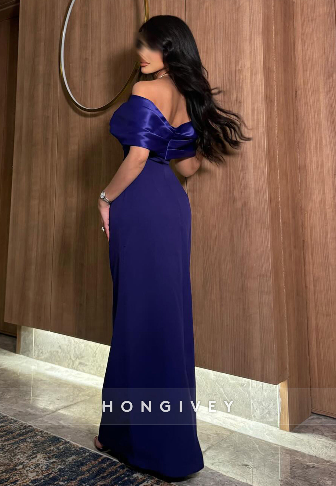 Off the Shoulder Floor-Length Column Satin Pleated Low Back Evening Gown