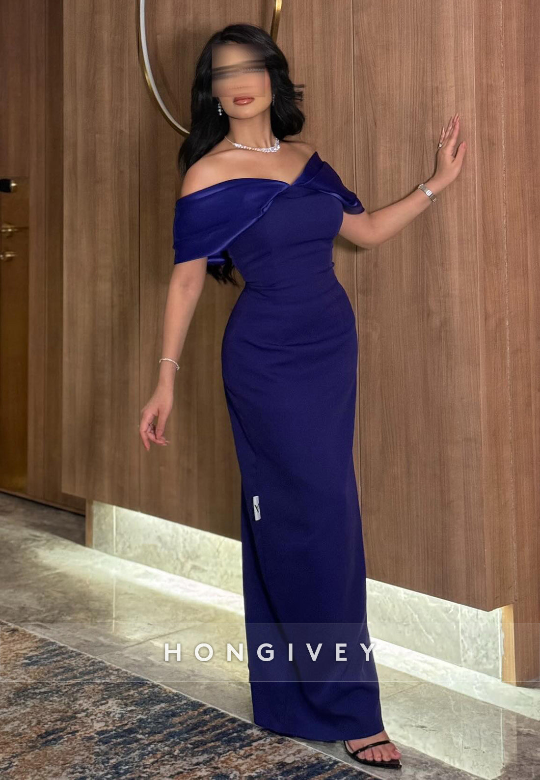 Off the Shoulder Floor-Length Column Satin Pleated Low Back Evening Gown