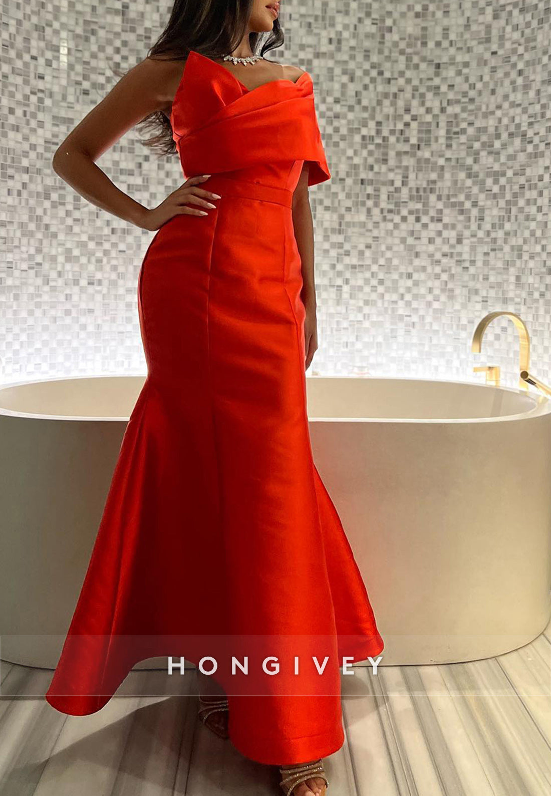 Trumpet Ankle-Length Asymmetrical Neck Satin Red Pleated Evening Gown