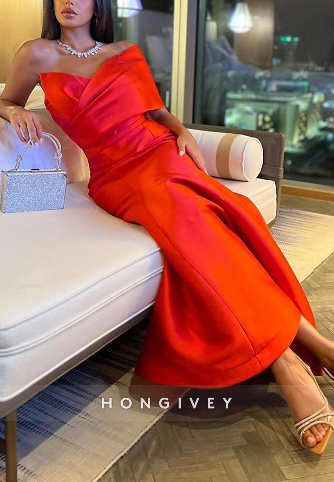 Trumpet Ankle-Length Asymmetrical Neck Satin Red Pleated Evening Gown