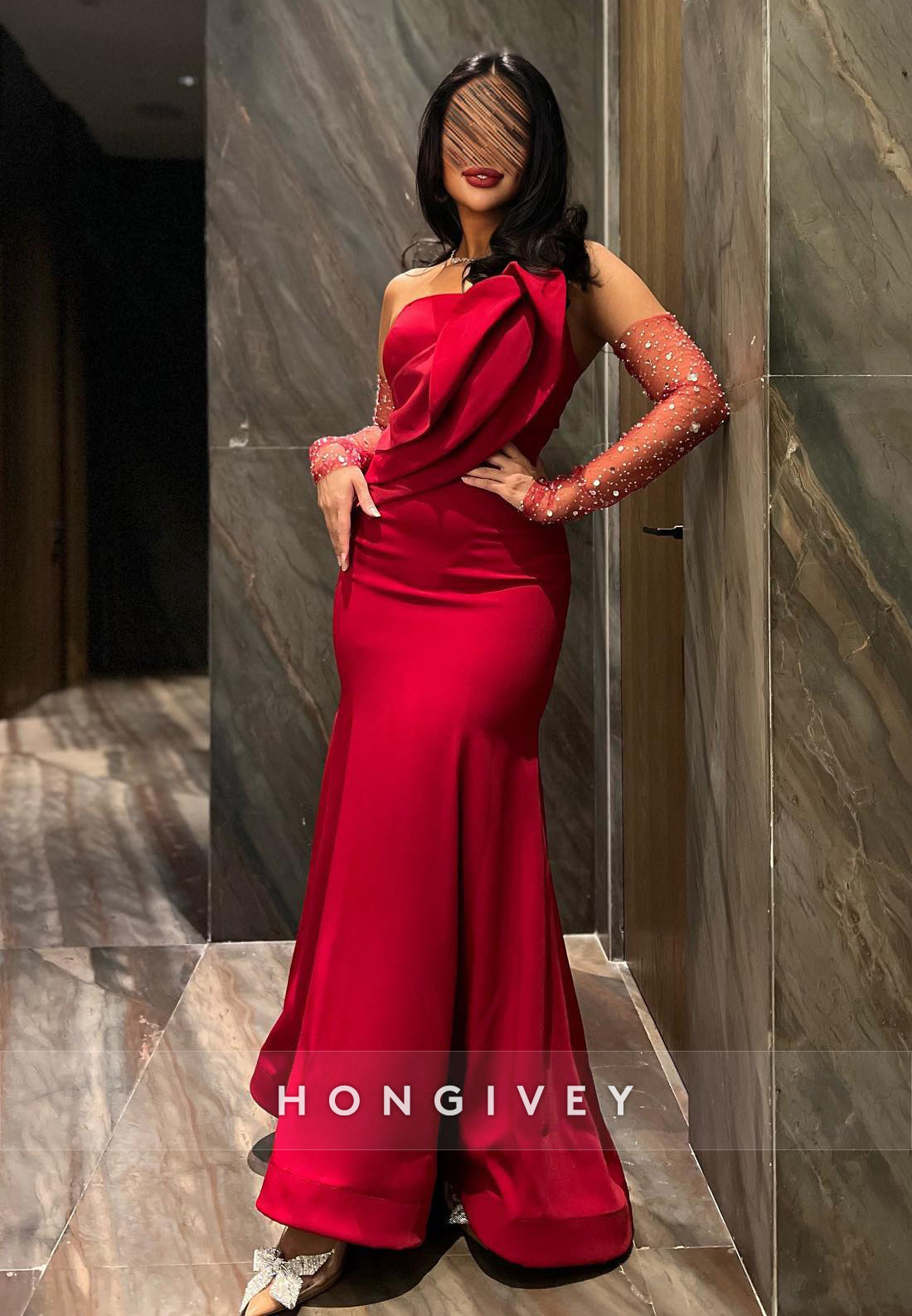 Red Evening Gown Ankle-Length Sleeveless Satin Strapless Mermaid