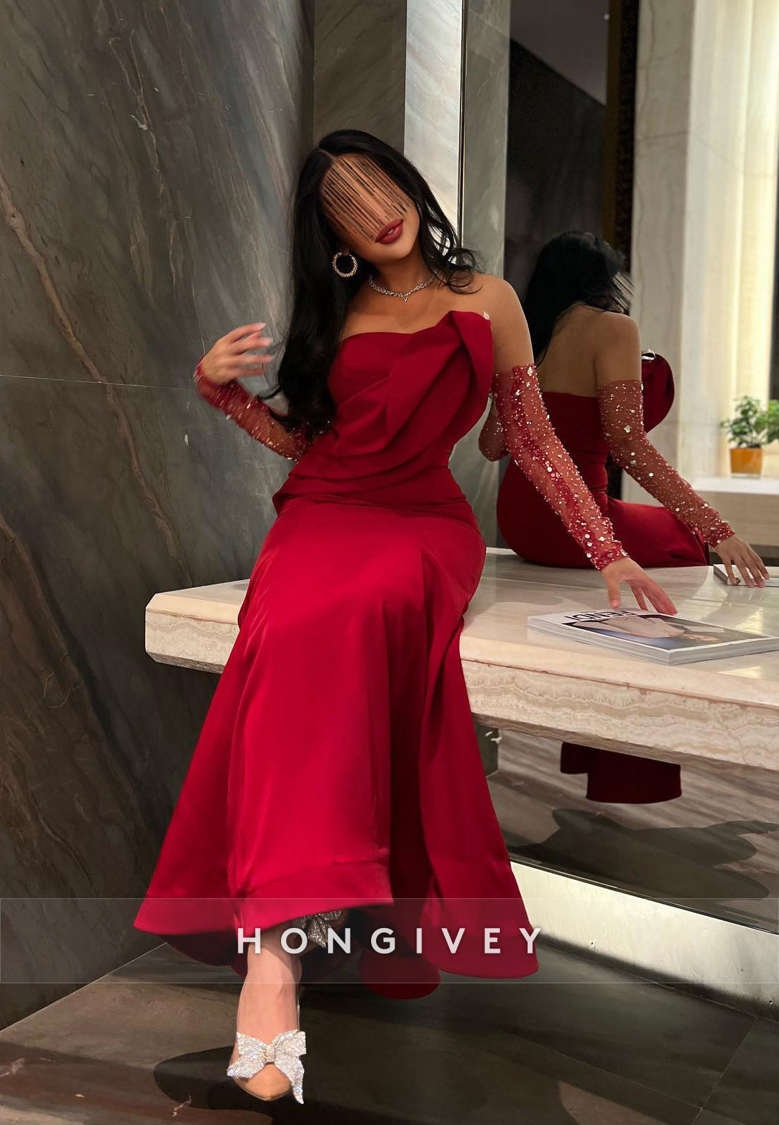 Red Evening Gown Ankle-Length Sleeveless Satin Strapless Mermaid