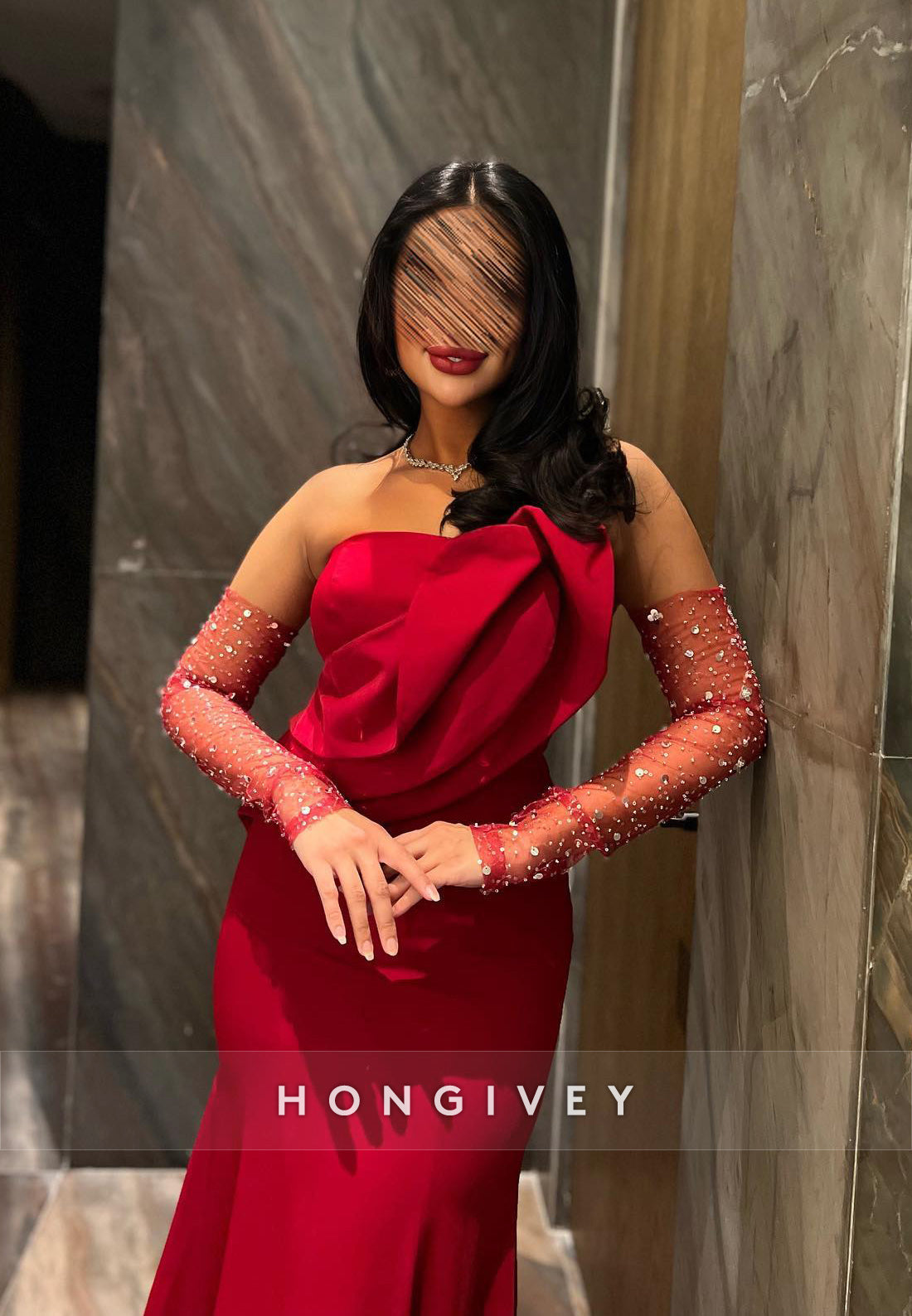 Red Evening Gown Ankle-Length Sleeveless Satin Strapless Mermaid