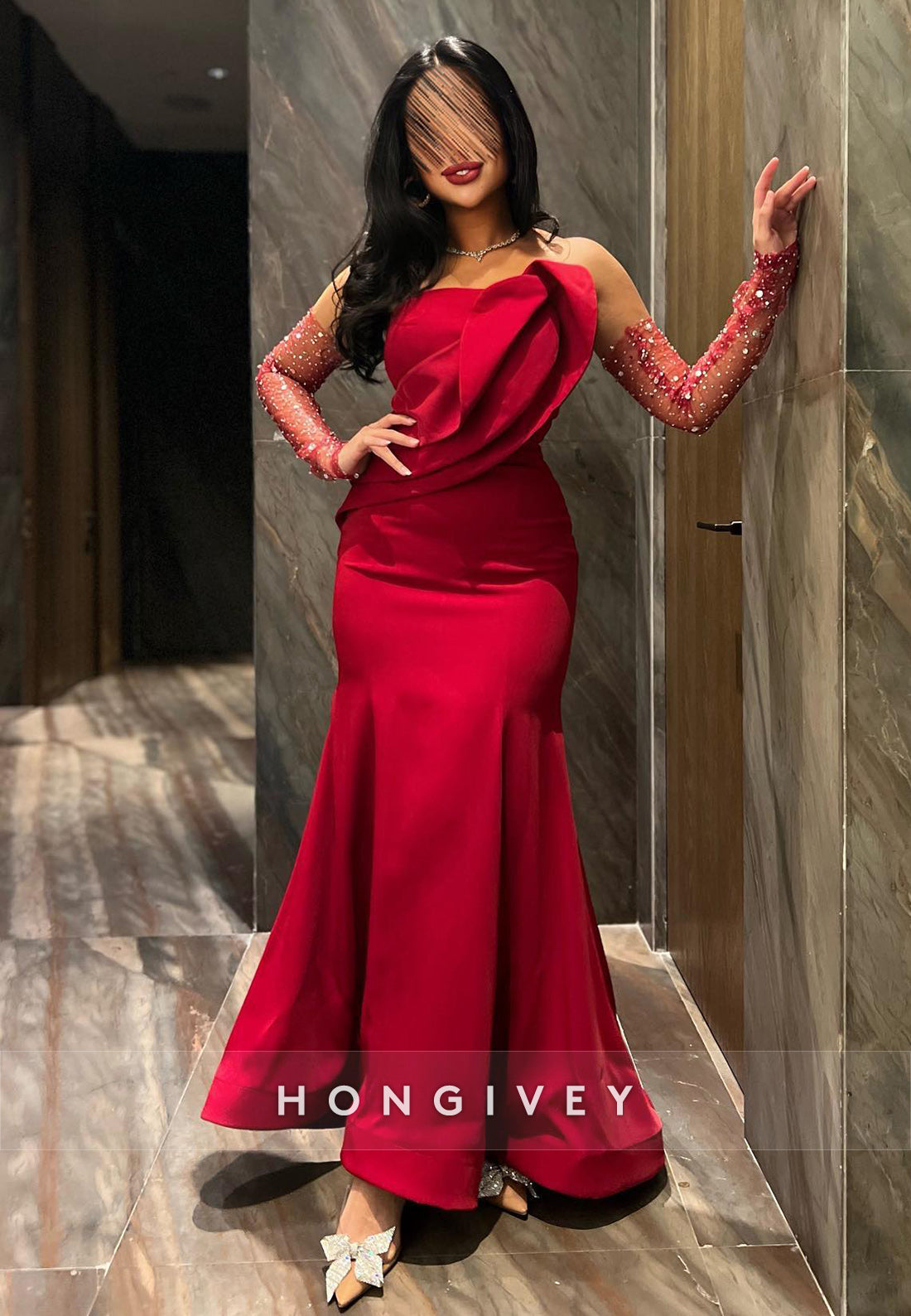 Red Evening Gown Ankle-Length Sleeveless Satin Strapless Mermaid