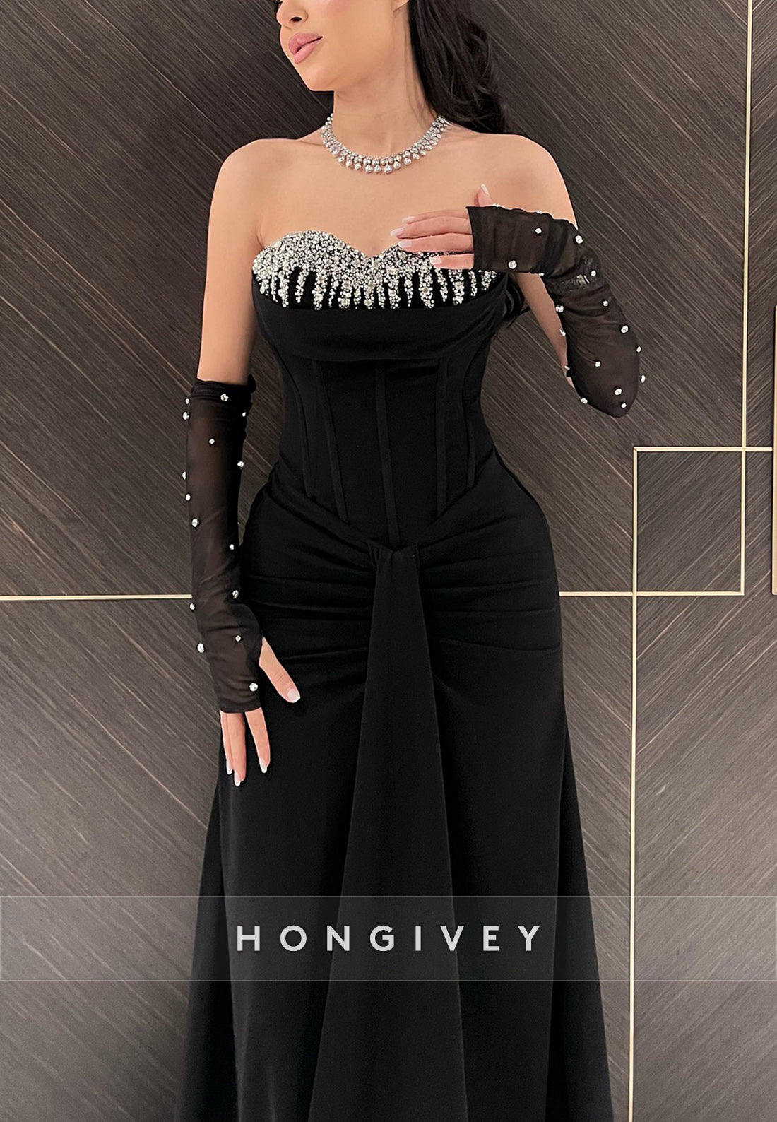 Column Floor-Length Sweetheart Pleated Beaded Rhinestone Evening Gown