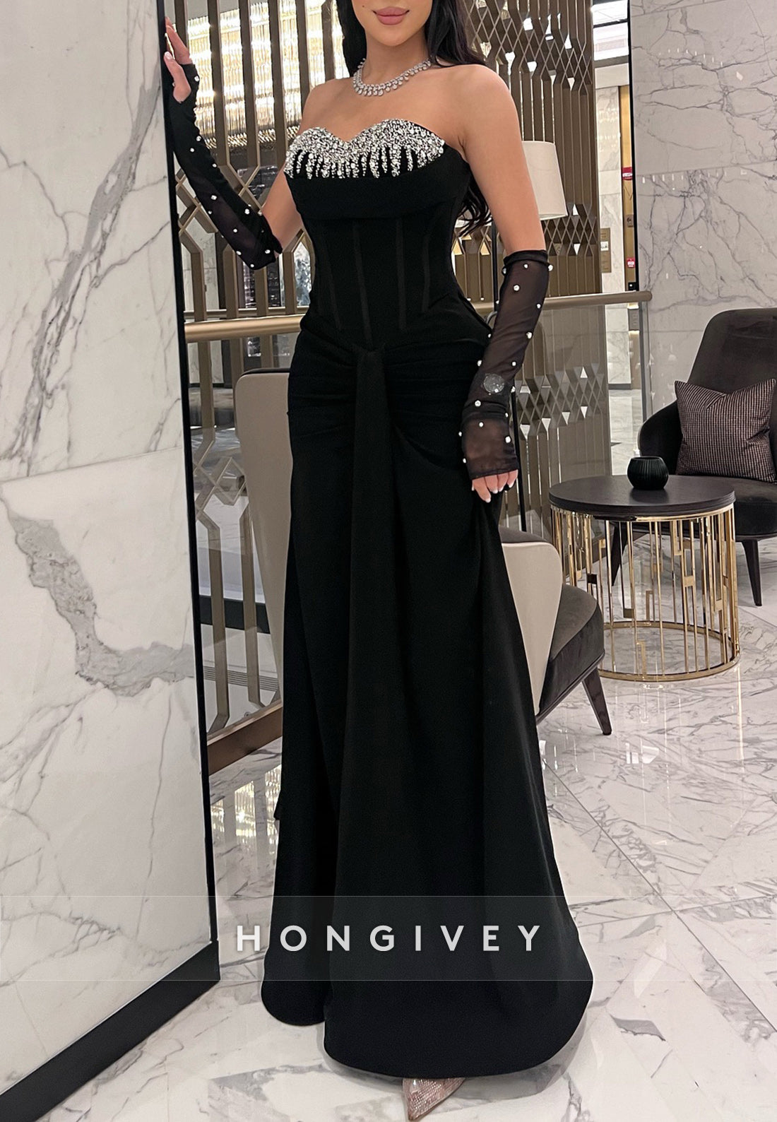 Column Floor-Length Sweetheart Pleated Beaded Rhinestone Evening Gown