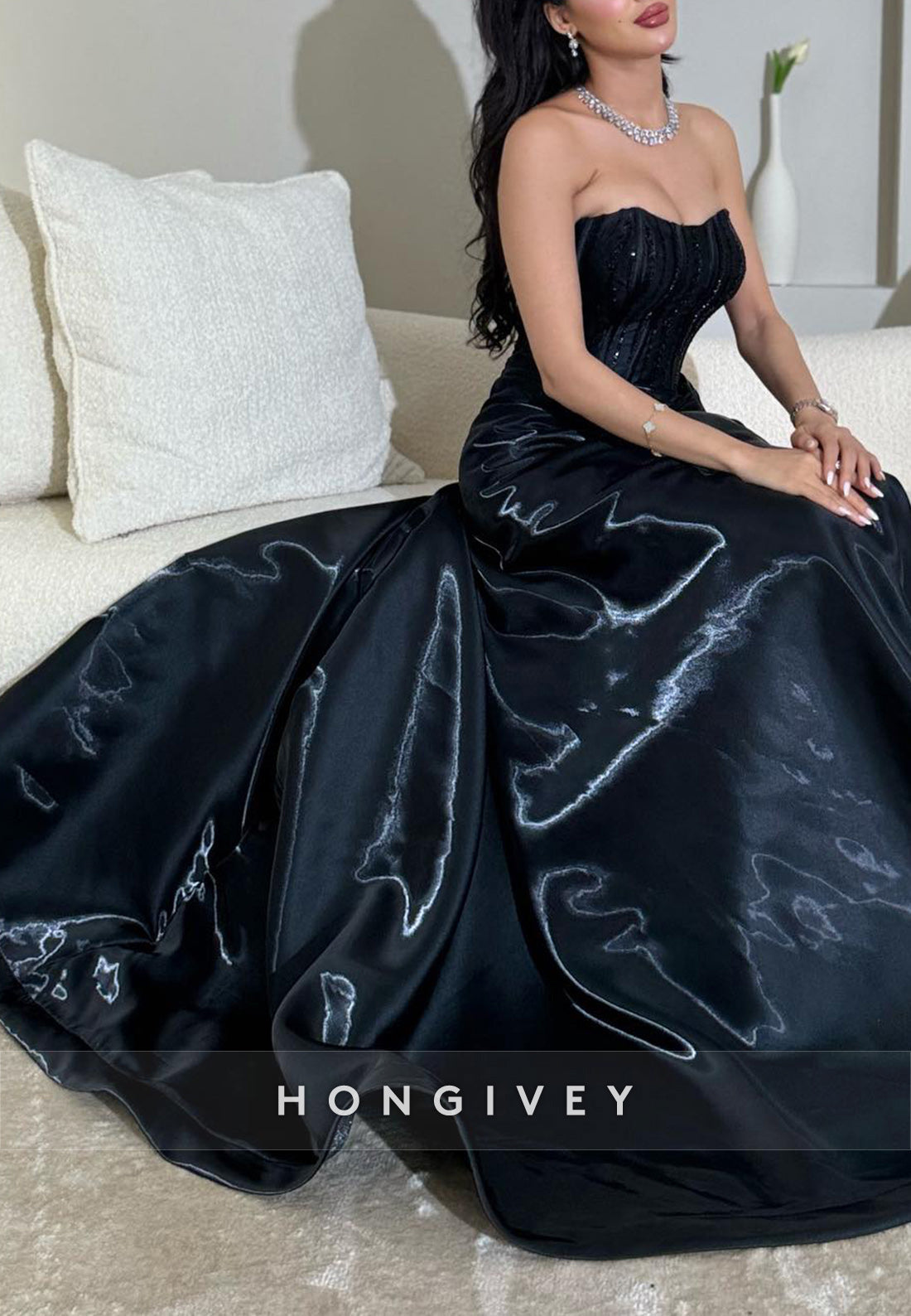 High slit Sexy A-line Court Train Sweetheart Satin Pleated Evening Gown