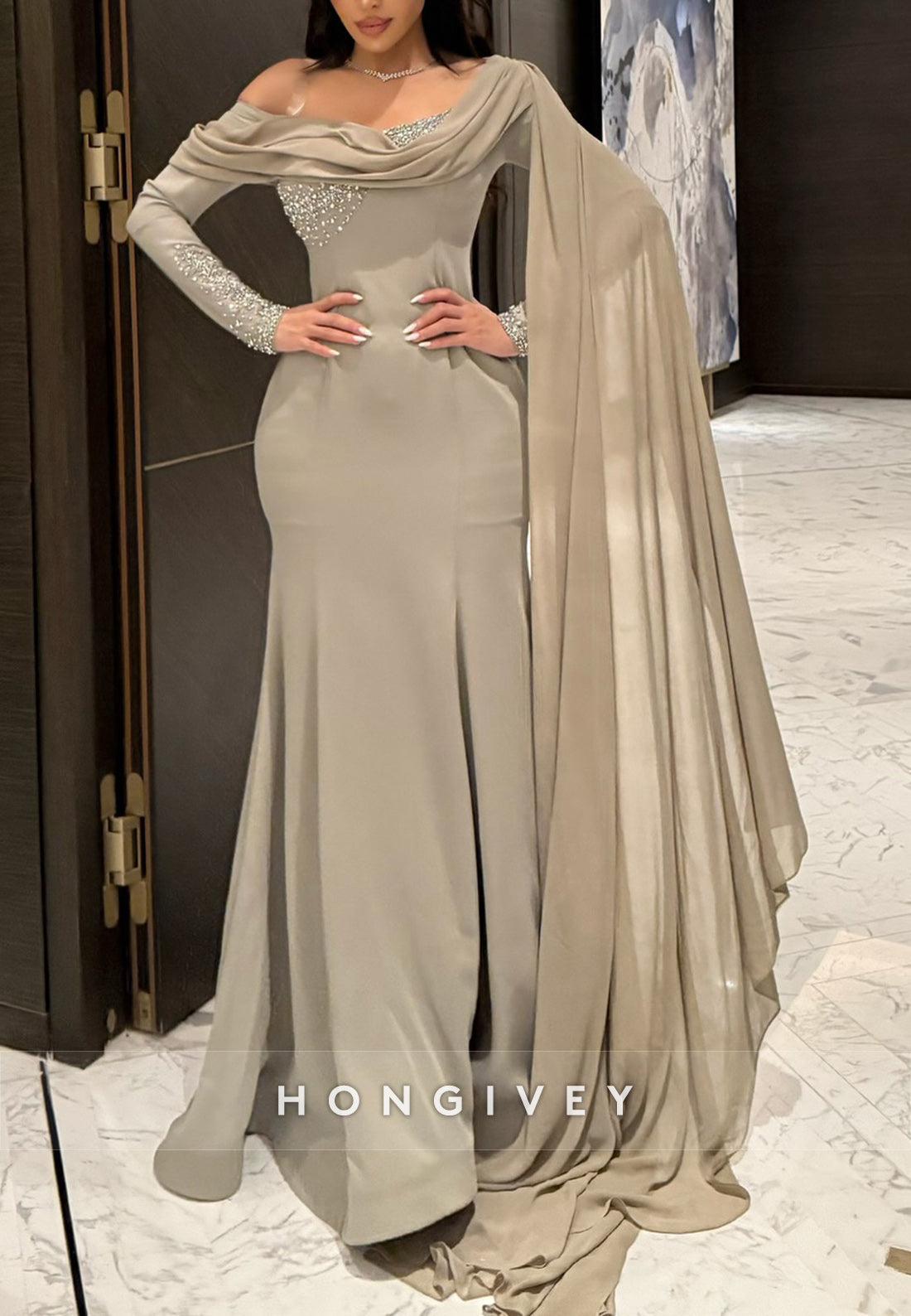 Sweep Train One Shoulder Cowl Neck Long Sleeve Pleated Appliqued Evening Gowns