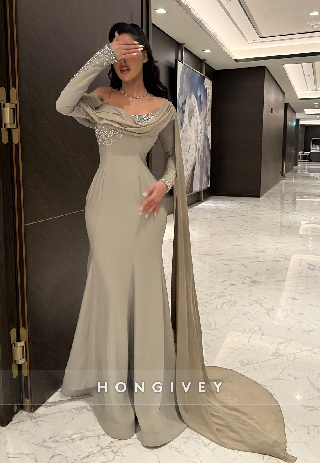 Sweep Train One Shoulder Cowl Neck Long Sleeve Pleated Appliqued Evening Gowns