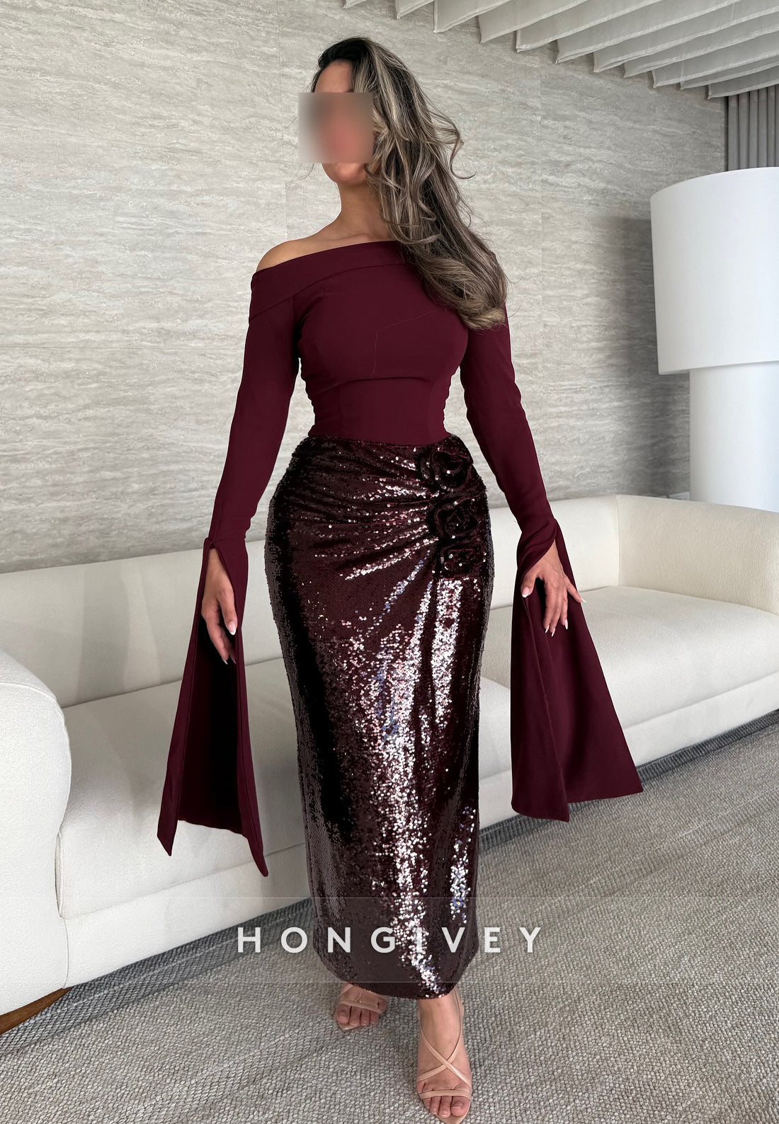 Ankle-Length Evening Gown Column Off the Shoulder Long Sleeve Pleated Flowers