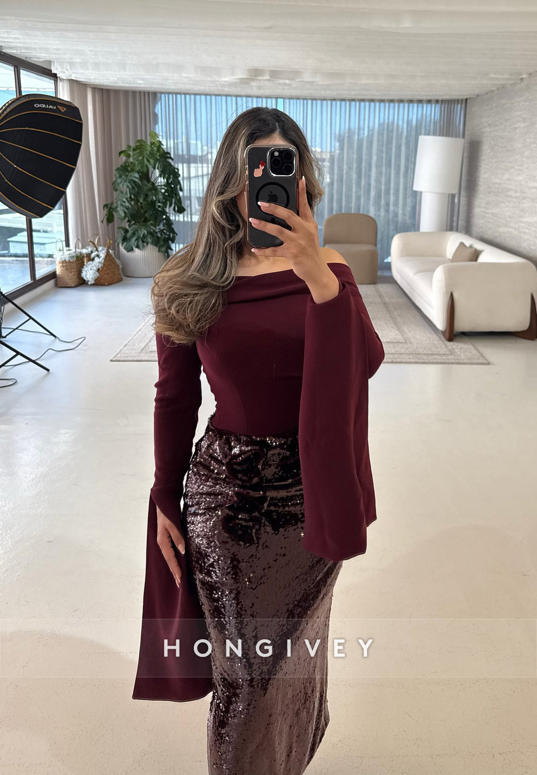 Ankle-Length Evening Gown Column Off the Shoulder Long Sleeve Pleated Flowers
