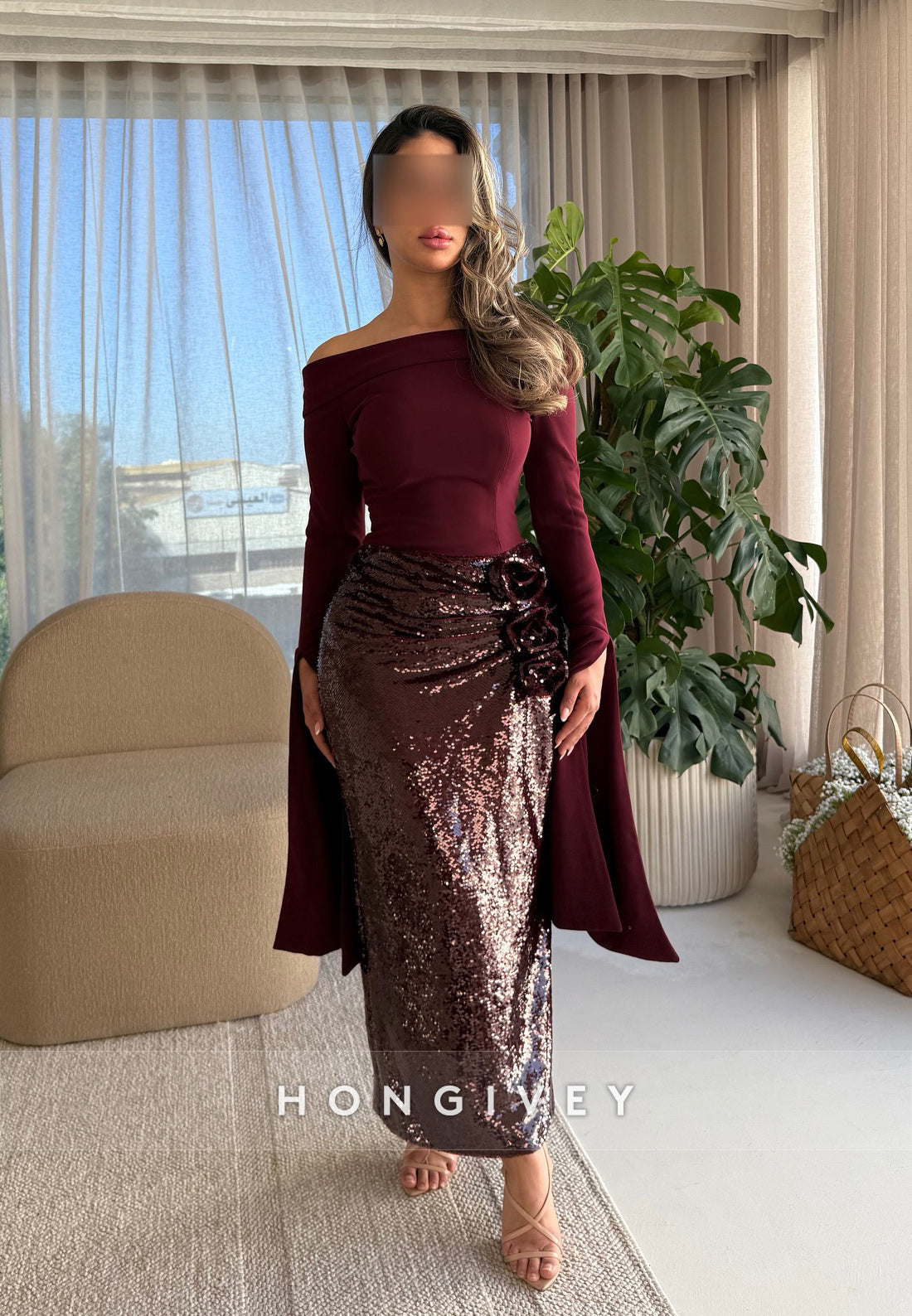 Ankle-Length Evening Gown Column Off the Shoulder Long Sleeve Pleated Flowers