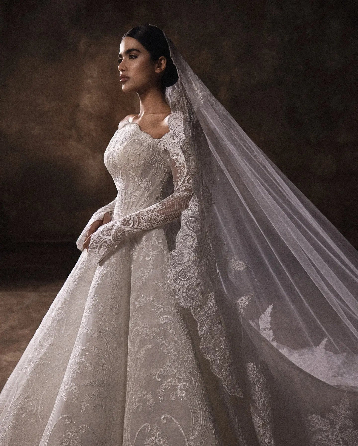 Luxury White Lace Long Sleeve Fitted Train Wedding Dress with Veil ZP155