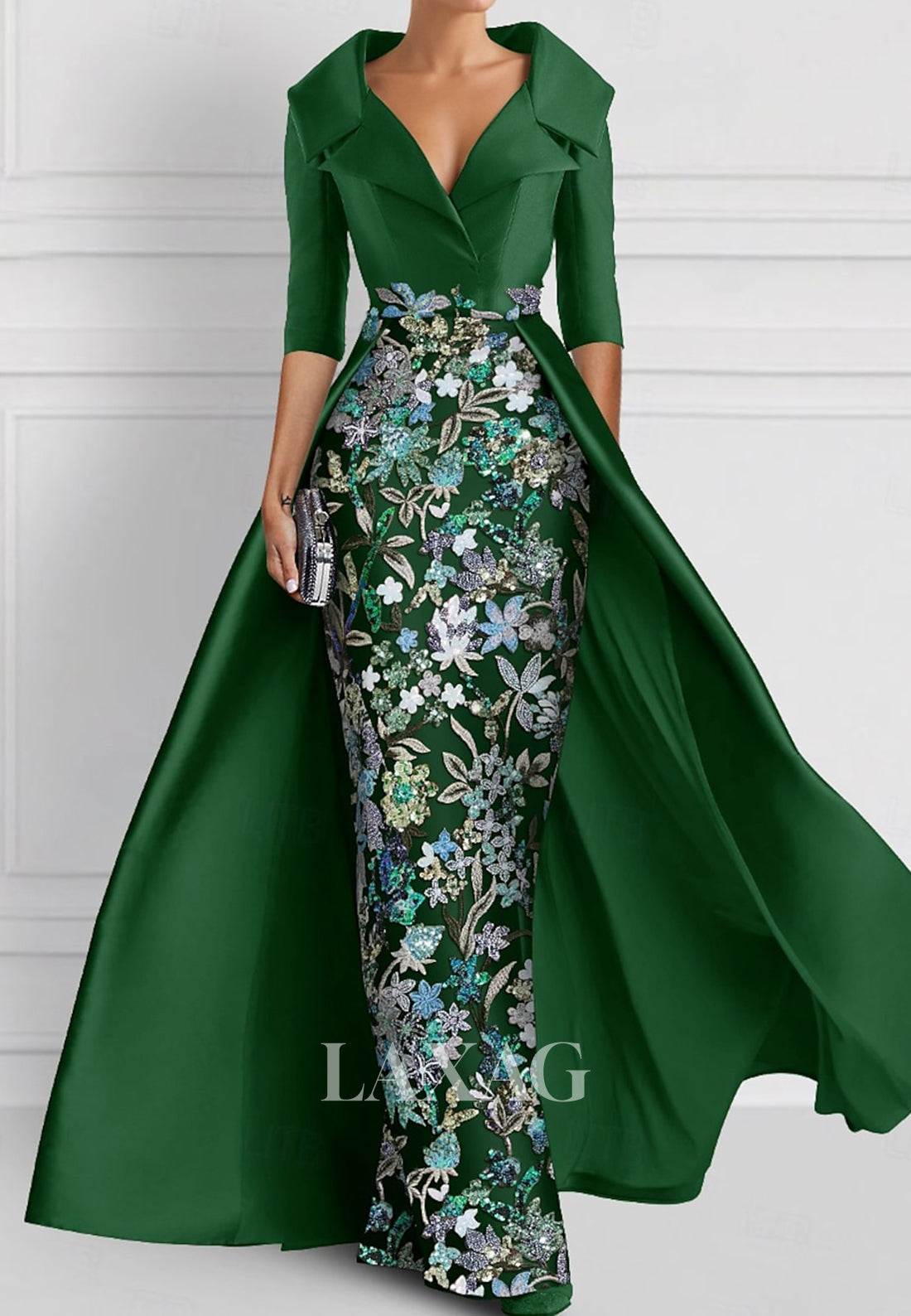 V-Neck Half-Sleeves Pleated Party Gowns Applique Embroidered Mermaid Wedding Guest Dress with Overskirt