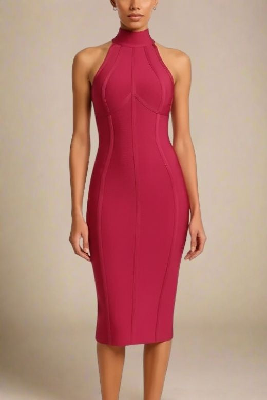 Woman wearing a figure flattering Lea Bandage Midi Dress - Red Wine Bodycon Collection
