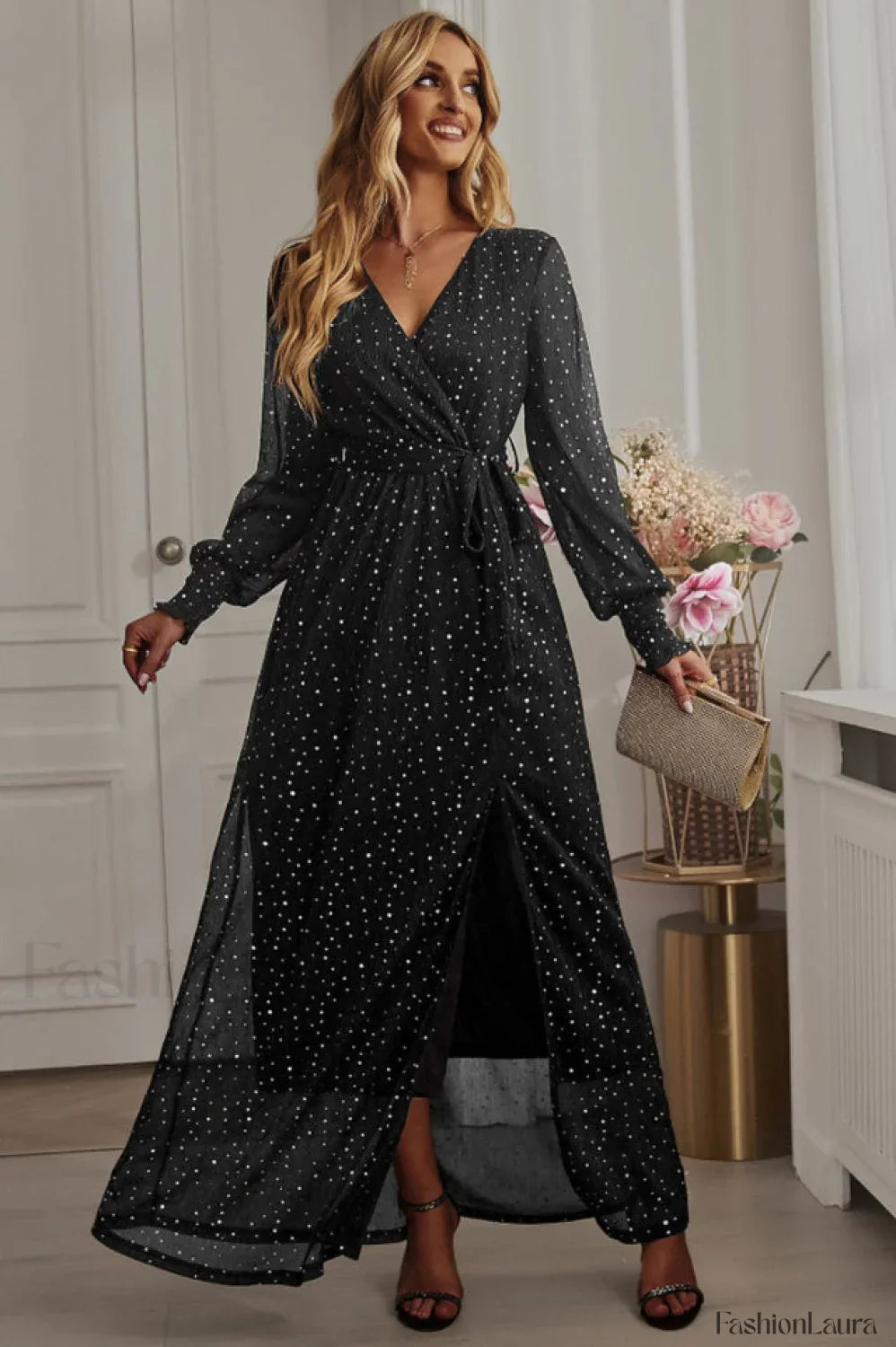 Leandra Front Split Charming Shimmer Maxi Dress