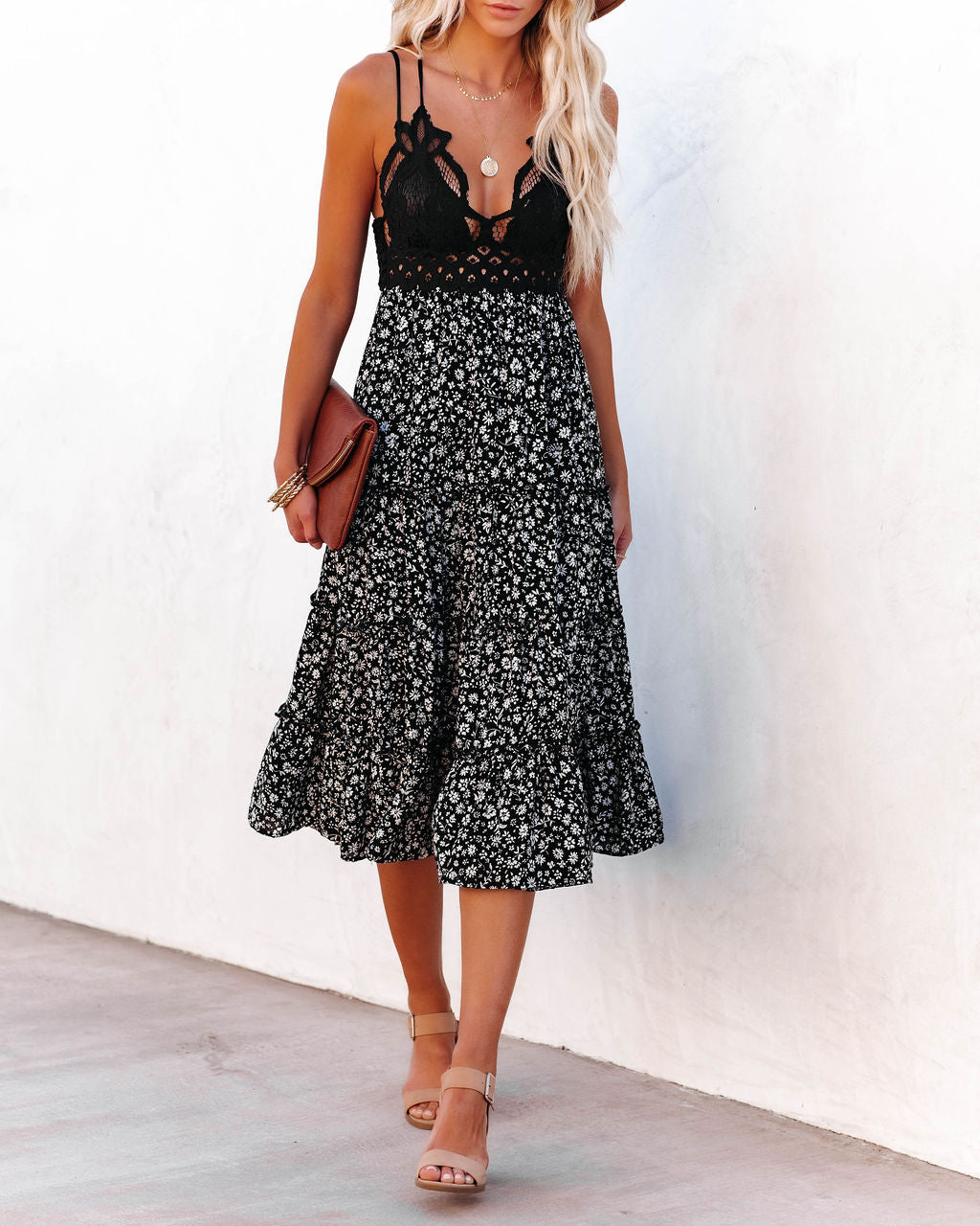 Let It Be Tiered Floral Lace Midi Dress Black