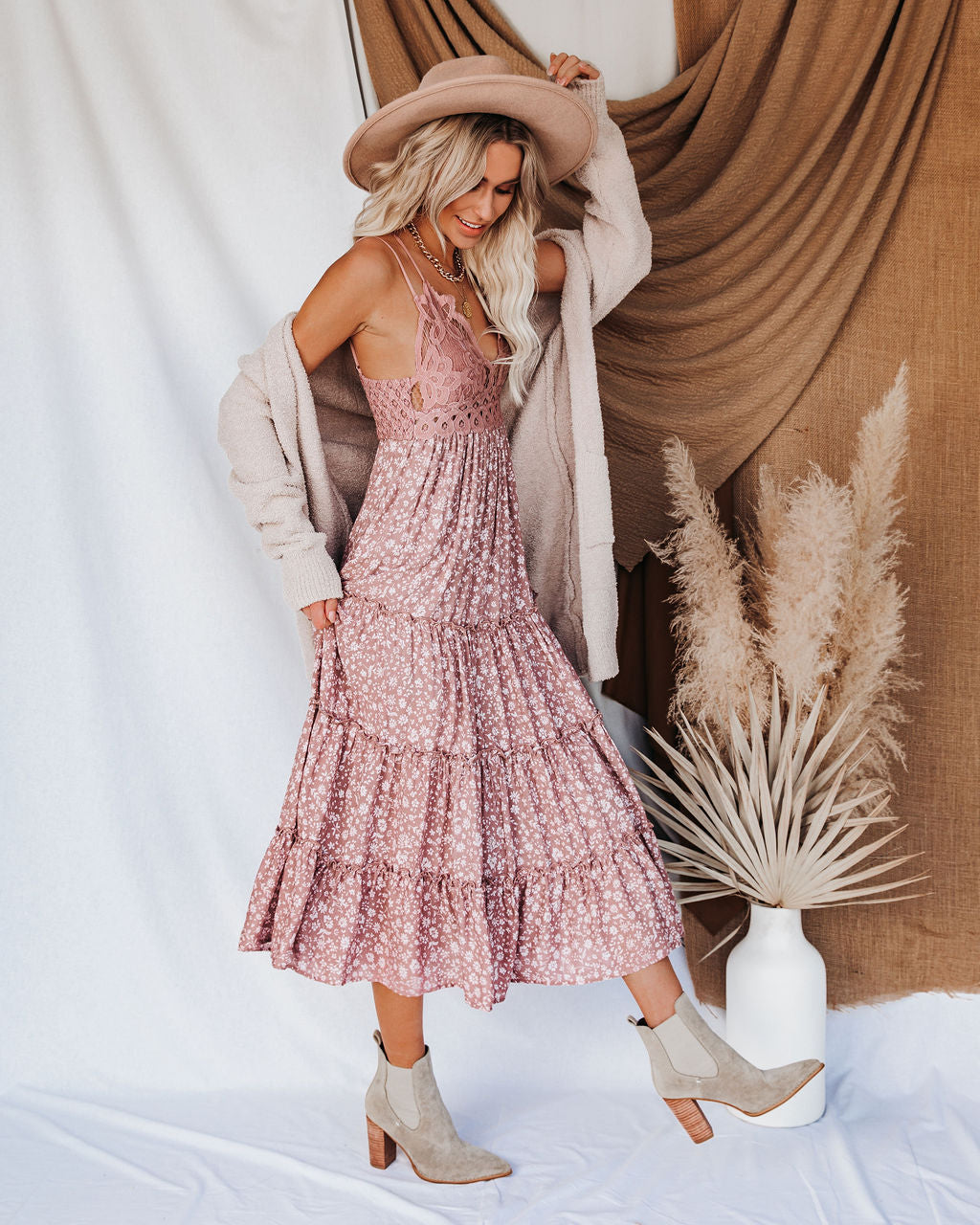 Let It Be Tiered Floral Lace Midi Dress Mauve