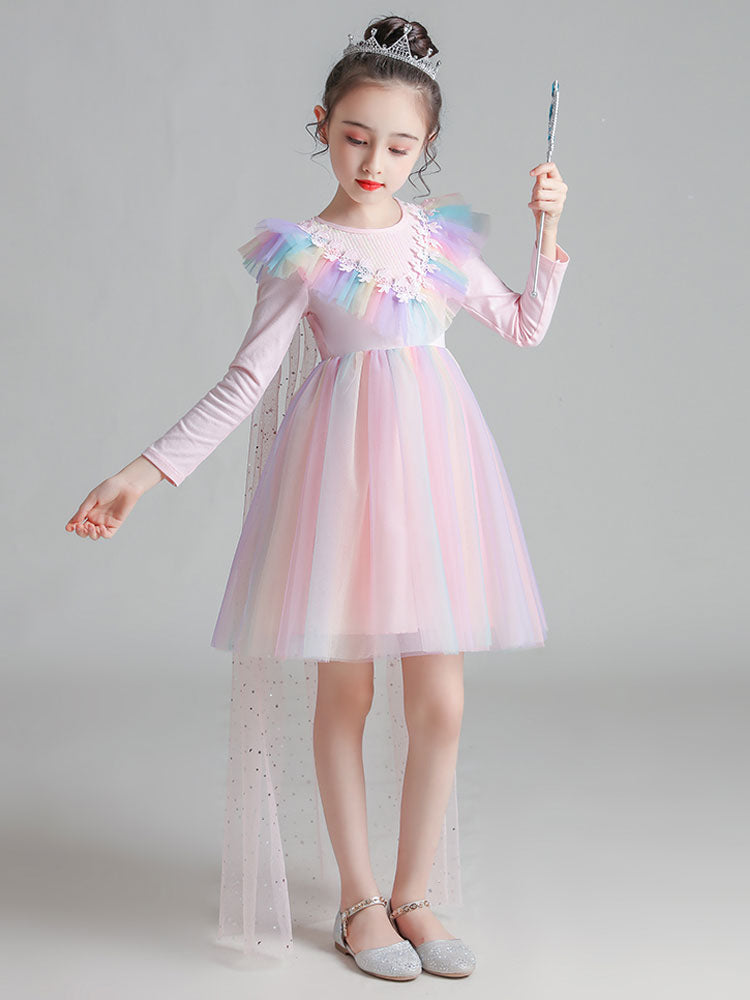 Light Blue Designed Neckline Polyester Sleeveless Short A-Line Polyester Cotton Tulle Sequins Kids Social Party Dresses