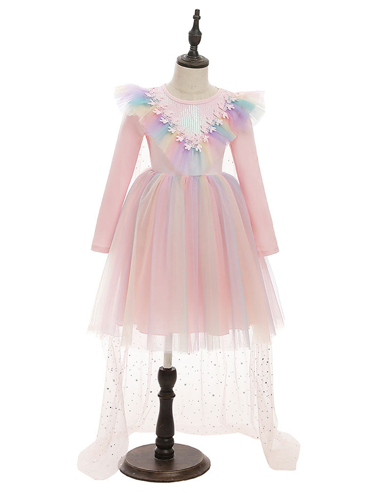 Light Blue Designed Neckline Polyester Sleeveless Short A-Line Polyester Cotton Tulle Sequins Kids Social Party Dresses