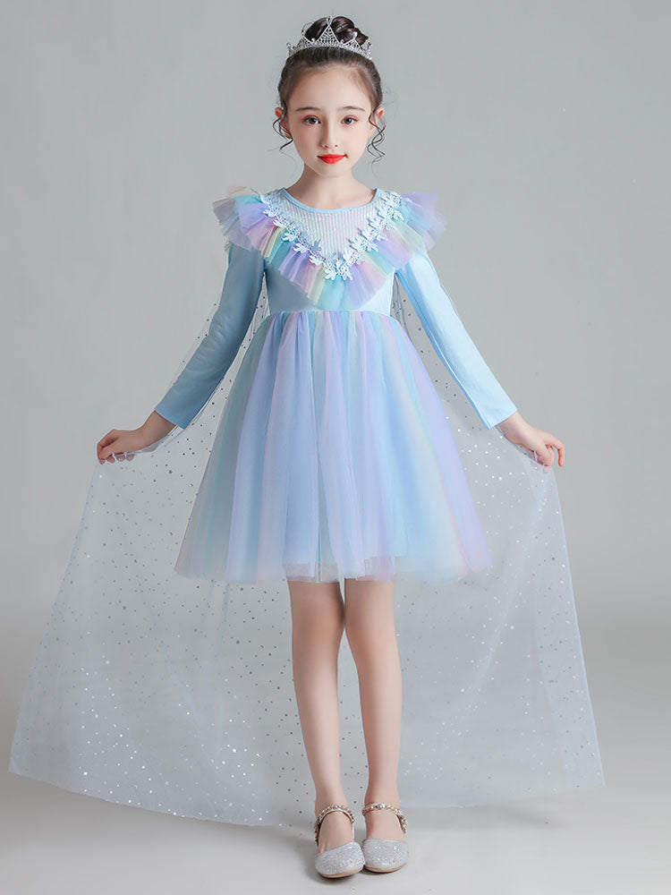 Light Blue Designed Neckline Polyester Sleeveless Short A-Line Polyester Cotton Tulle Sequins Kids Social Party Dresses