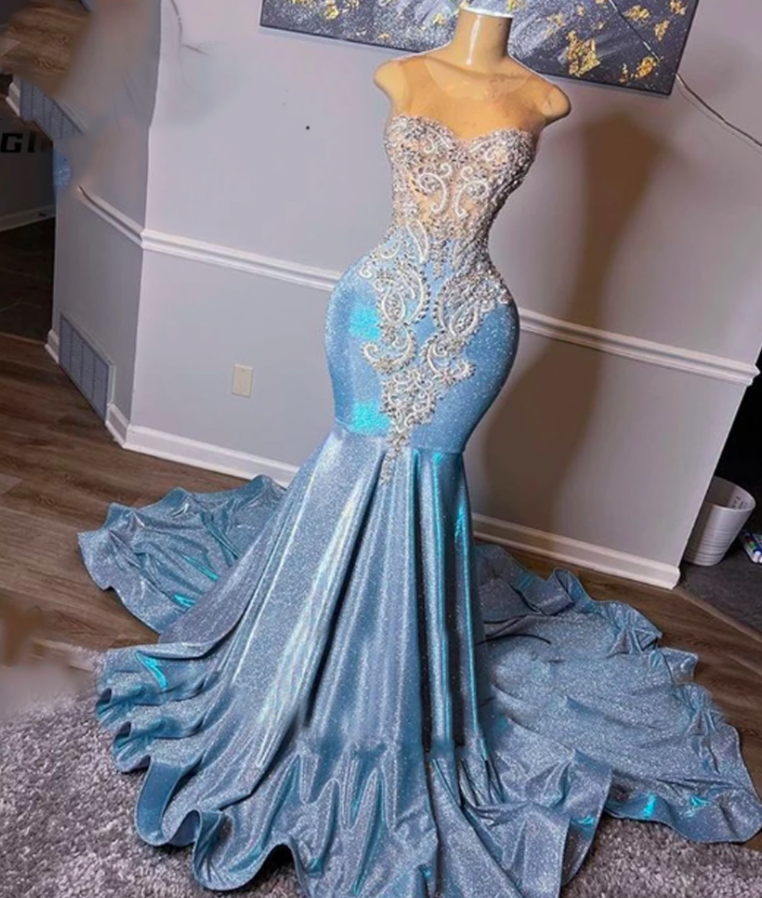 Light Blue Prom Dress, Crystal Prom Dress, Sequins Prom Gown, Mermaid Prom Dresses