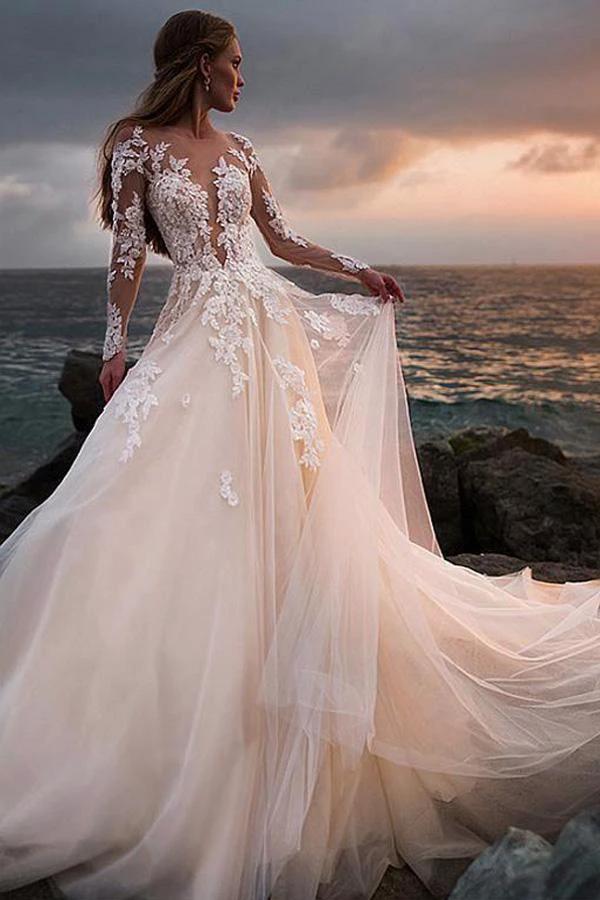 Ivory Tulle Beach Wedding Dress with Illusion Lace Long Sleeves (ZD16260) - View 2 | VelvetHem