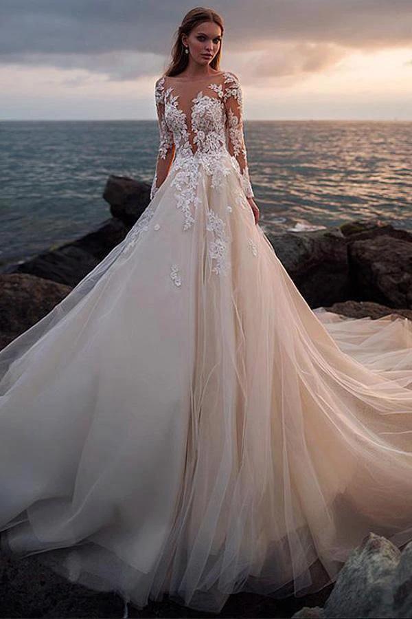 Ivory Tulle Beach Wedding Dress with Illusion Lace Long Sleeves (ZD16260)