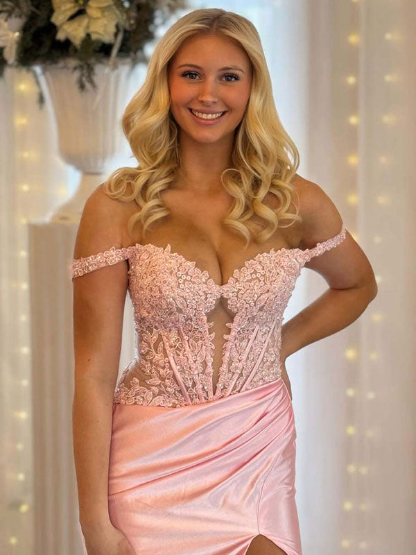 Pink Mermaid Off-Shoulder Sweetheart Appliques Pleated Prom Dress with Slit - View 4 | FashionDia