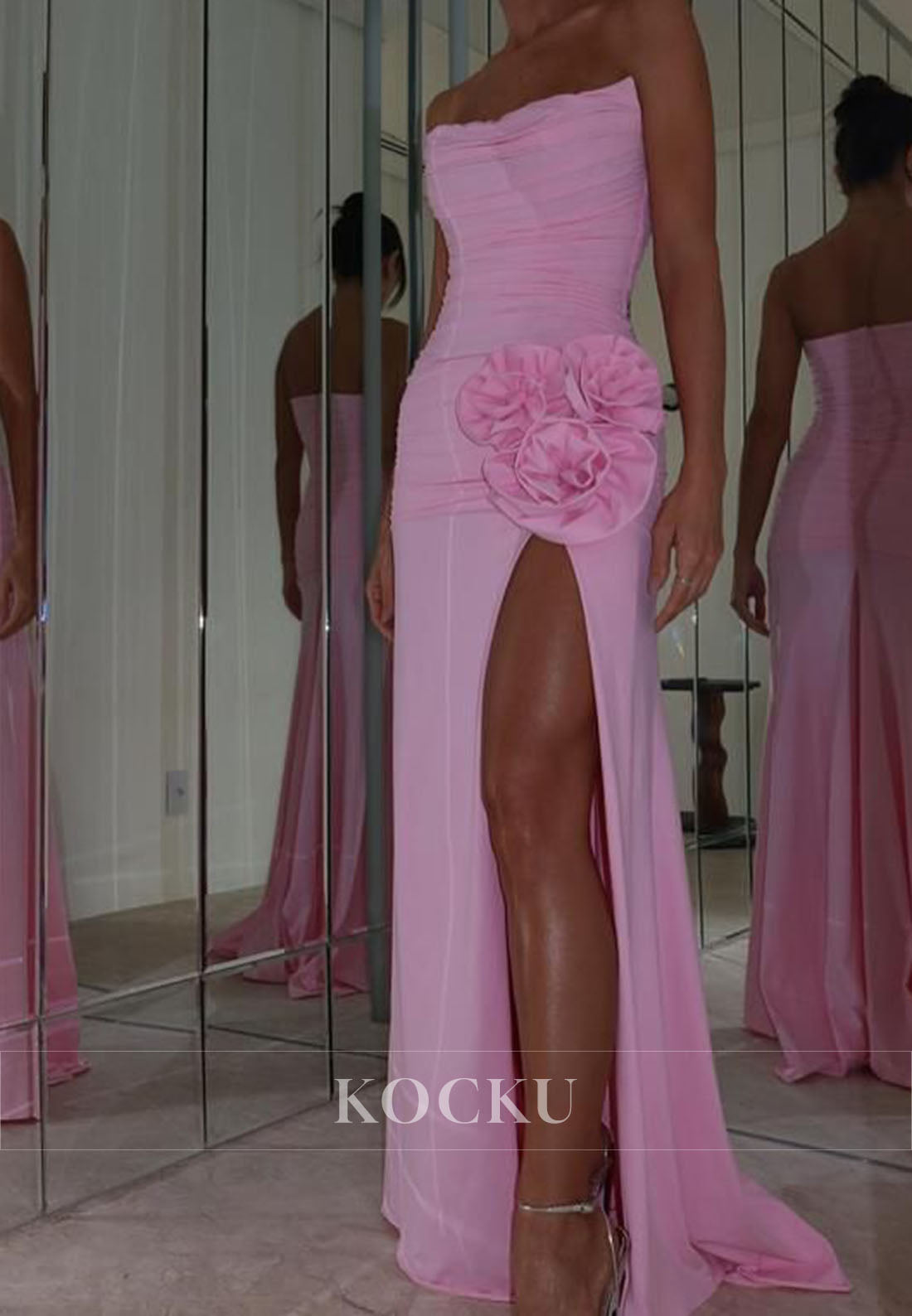 Elegant Tube Top Sheath Sleeveless High Slit Long Evening Party Dress with Floral